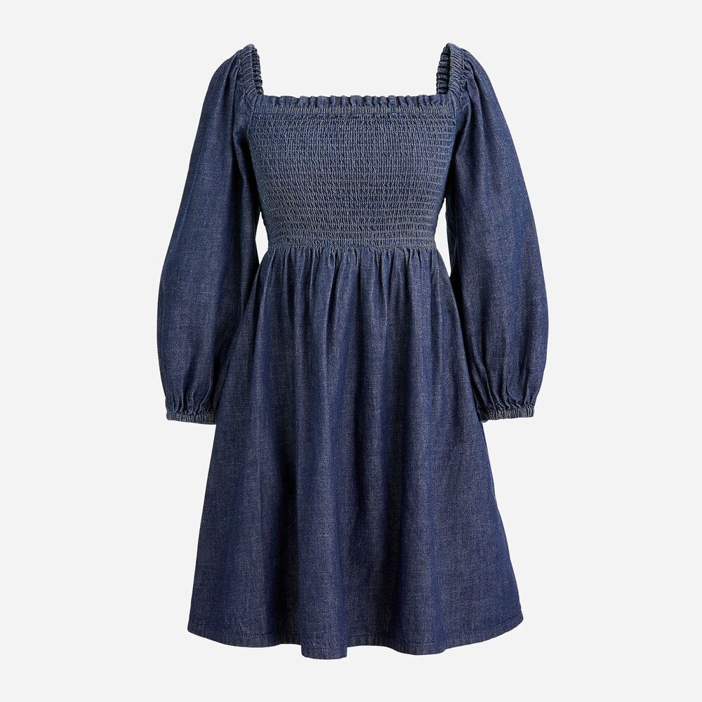 J.Crew Size XXS Smocked Puff Sleeve Mini Dress in Chambray  Blue 100% Cotton NWT - Picture 4 of 14
